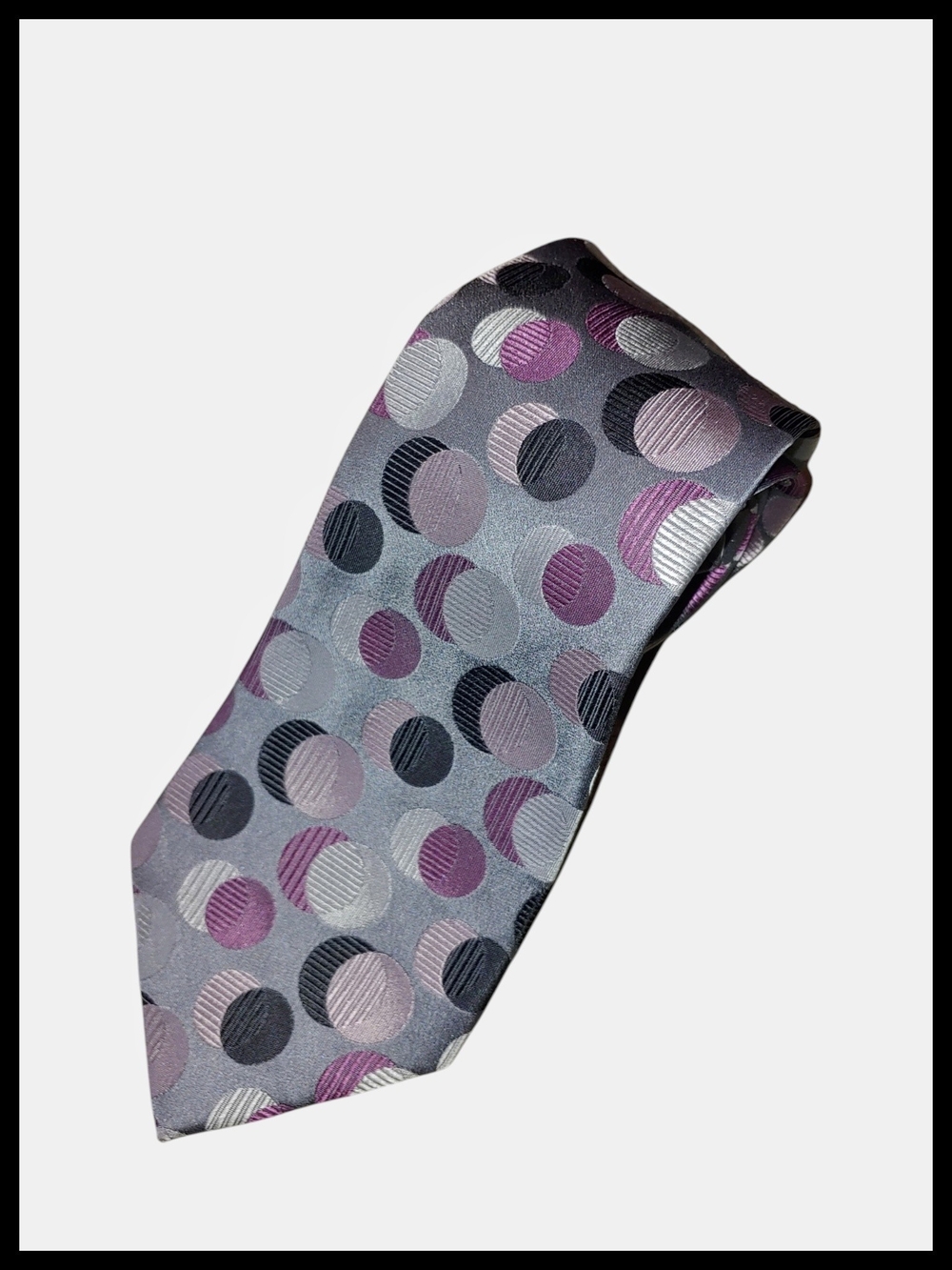 Geoffrey Beene Silver Silk Tie with Purple & Black Polka Dots